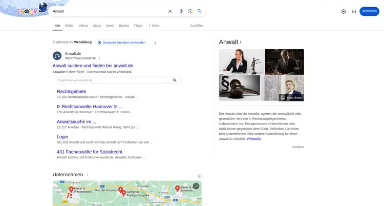 Vorsicht vor generischen Keywords 2 Google Suchergebnis (Search Engine Ranking Page SERP), Suche generisches Keyword "Anwalt"