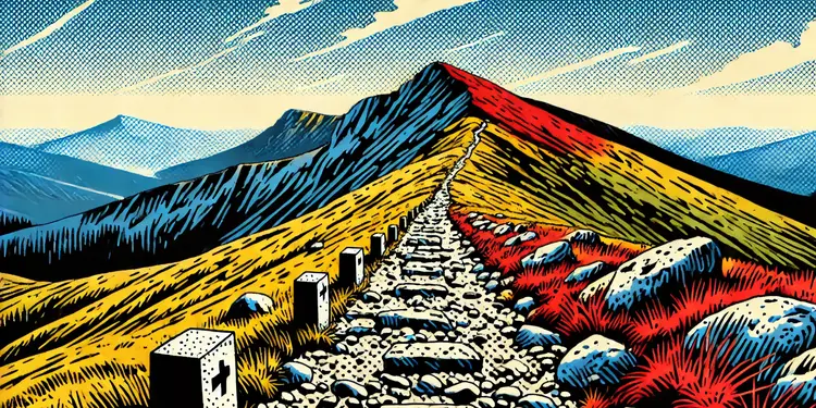 Illustration eines Wanderweges, der sich einen Berg hochschlängelt. Am Wegesrand Meilensteine. Pop-Art-Stil. Symbolbild für beruflichen Lebenslauf.