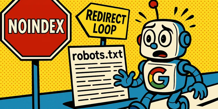 Kleiner Roboter als Symbol für den Google-Bot verirrt sich nach einem Relaunch der Website. Comic-Stil