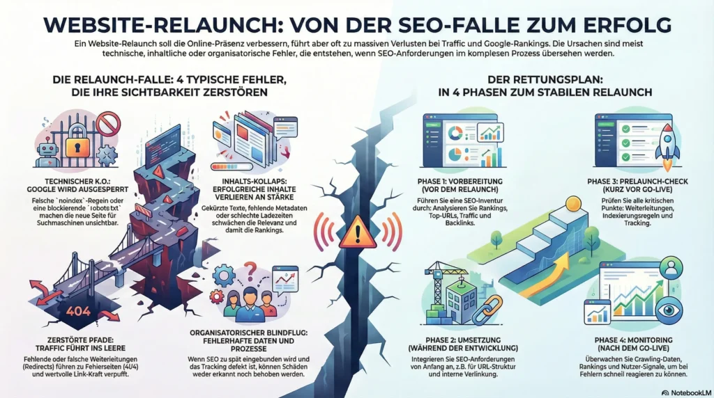 Infografik Probleme und Lösungen beim Website-Relaunch. Links 4 typische Fehler, rechts 4 Phasen für stabilen Relaunch. In der Mitte eine Erdbebenspalte. Grafik visualisiert den Inhalt des Blogposts.