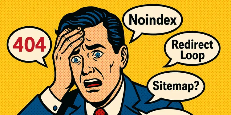 Ein Mann mit panischem Gesichtsausdruck fasst sich an die Stirn. Um den Kopf Sprechblasen "404", "Noindex", "Redirect Loop", "Sitemap". Verzweiflung nach Relaunch einer Website. Comic-Stil