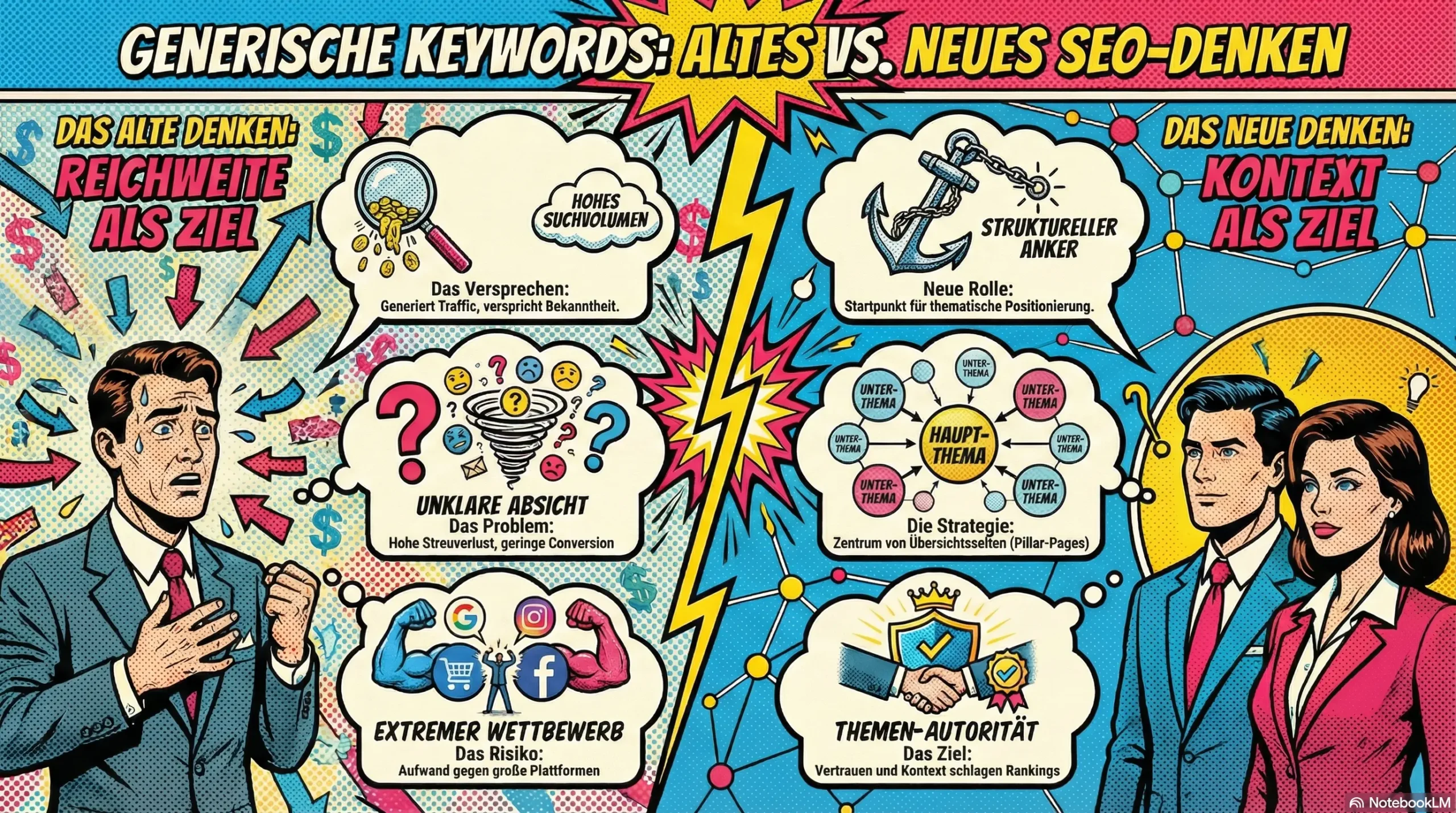 Vorsicht vor generischen Keywords 2 Infografik im Comic-Stil zum Text: Generische Suchbegriffe (Short Tail Keywords) gegen spezifische Suchbegriffe und Suchintentionen (Long Tail Keywords).