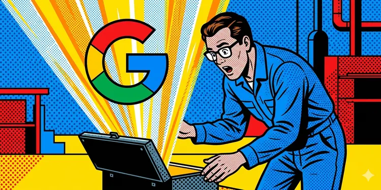 Dein Wissen über deine Kunden ist dein wichtigstes SEO-Kapital 2 Techniker vor offenem Werkzeugkasten, Licht strahlt aus dem Werkzeugkasten. Darüber ein großes G als Symbol für Google: Seo für KMU