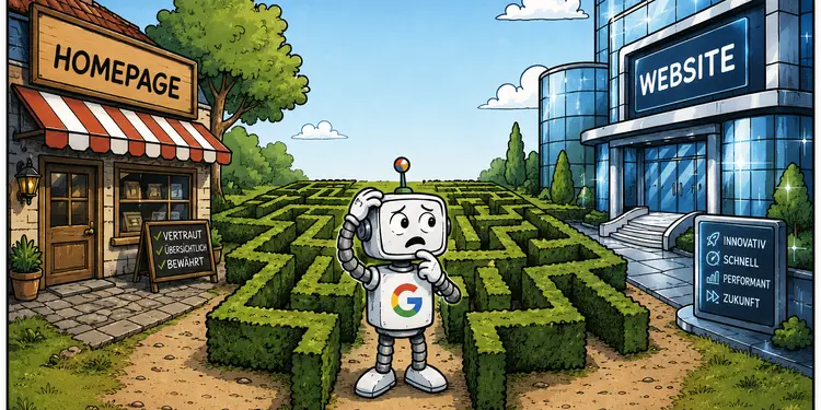 Google verläuft sich im Labyrinth zwischen alter Homepage und neuer Website.