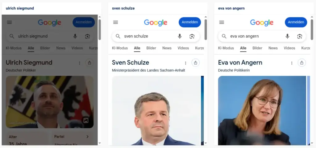 Sechs Parteien, ein Wahltermin, keine Suchintention im Blick 9 Präsentation in den Suchergebnissen (mobil): Ulrich Siegmund, Sven Schulze, Eva von Angern, Screenshot