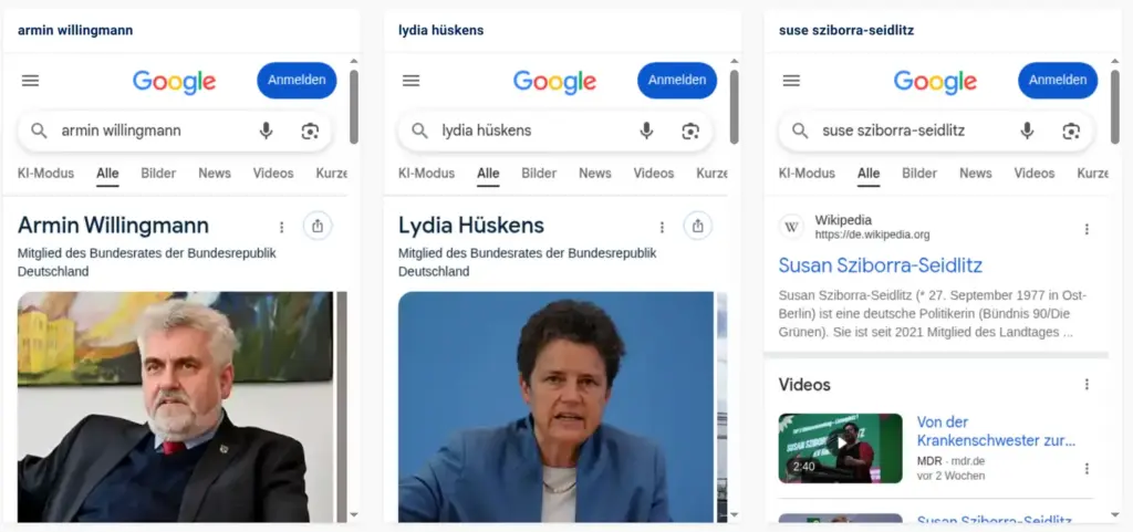 Sechs Parteien, ein Wahltermin, keine Suchintention im Blick 10 Präsentation in den Suchergebnissen (mobil): Armin Willingmann, Lydia Hüskens, Susan Sziborra-Seidlitz, Screenshot